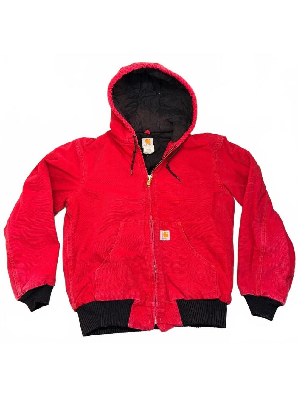Vintage Carhartt J140 Red Quilt Lined Hooded Active Jacket Size Small